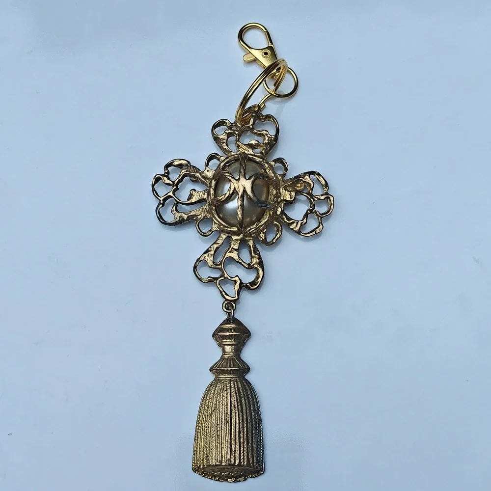 Gold Tone Ornate Filigree Cross Tassel Keychain Faux Pearl Bag Charm Gothic